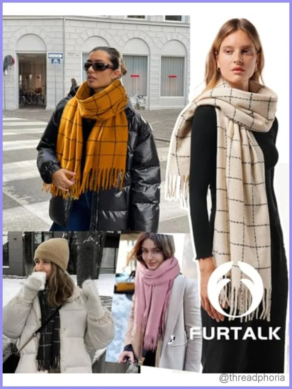 Women's Chunky Knit Plaid Winter Scarf Shawl Wrap Oversized Soft Warm Fringe